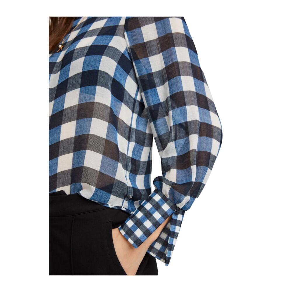 Scotch & Soda Aloha Hula Navy Blue White Sheer Checked Long Blouson Sleeve Top S - Picture 3 of 12